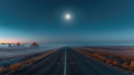 Panoramic view of the empty highway through the fields in a fog at night. Moonlight, clear sky. Transportation, logistics, travel, road trip, freedom, driving. Rural scene