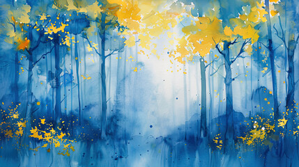 Abstract Watercolor Painting of Blue and Yellow Forest with Golden Light Background Nature, Landscape, Art, Autumn, Fall, Trees, Woods, Watercolor Texture, Vibrant Colors, Peaceful, Serene, Tranquil