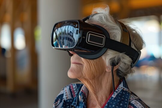elderly woman in VR headset. modern concept of technology, acceptability of principles