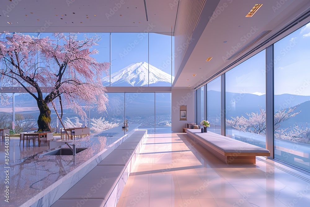 Poster a large room with a tree in the middle and a mountain in the background