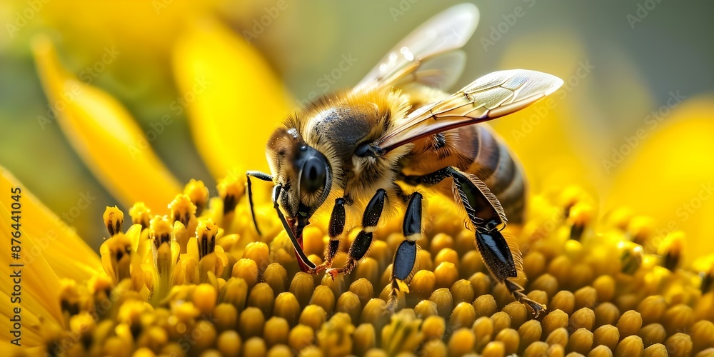 Poster closeup of honey bee collecting pollen with isolated background macro shot. concept macro photograph