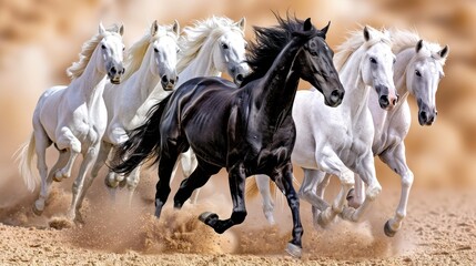 Obraz premium A striking photo of a black horse running amidst a group of white horses, all galloping in unison on a sandy terrain.