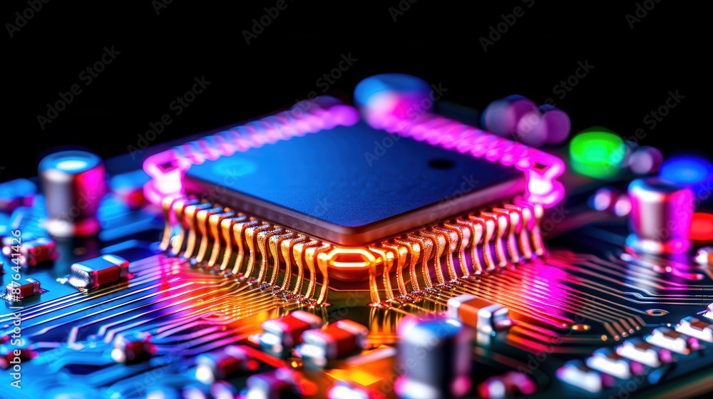 Poster close-up of a computer microchip on a motherboard with vibrant neon lighting, showcasing the technol