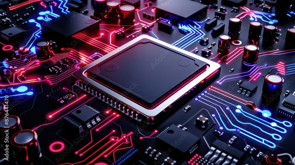 Aufkleber close-up of a futuristic microchip on a motherboard with glowing red and blue circuits, representing