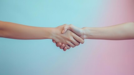 Calm negotiation captured in a close-up handshake, soft pastel colors like lavender and mint green, conceptual scene