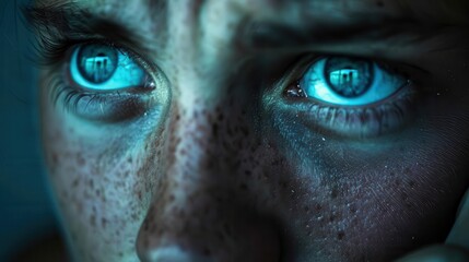 Naklejka premium Worried face during a financial crisis, intense close-up, deep blues and greys conveying concern, conceptual setting