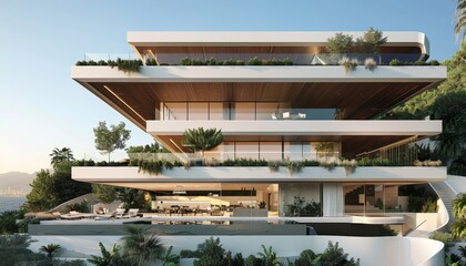 Fototapeta premium Contemporary residence white walls, dark wood accents, set amidst serene nature