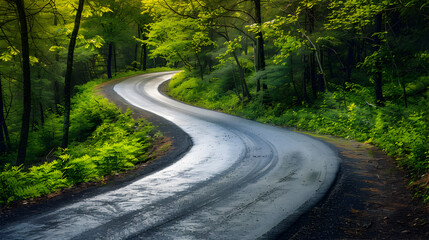 Fototapeta premium A scenic winding road through lush woods with tall trees and vibrant green grass