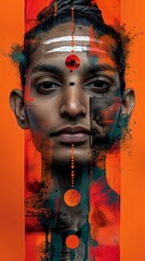 Portrait of a young man with his hair tied back wearing makeup and posing in front of an orange background with black and red paint