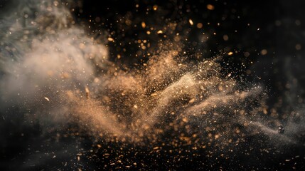 Dust and wood chips scattered against a black background, with dirt particles floating in the air. 