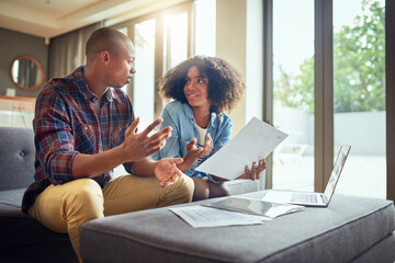 Financial paperwork, planning or couple with questions, finance documents or budget in home. Receipt, laptop or worried people speaking of bills, doubt or debt with recession, taxes or inflation