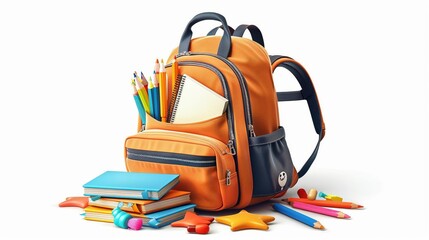 Naklejka premium an open backpack with school supplies spilling out, realistic illustration, multicolored, isolated on white background