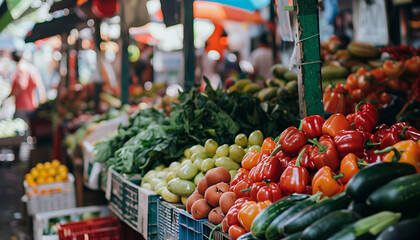A colorful and diverse display of fresh vegetables at a busy market creating a lively and vibrant scene