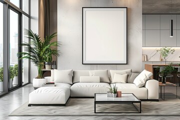 Mockup poster frame on the wall of living room with kitchen and dining room. Luxurious apartment background with contemporary design.