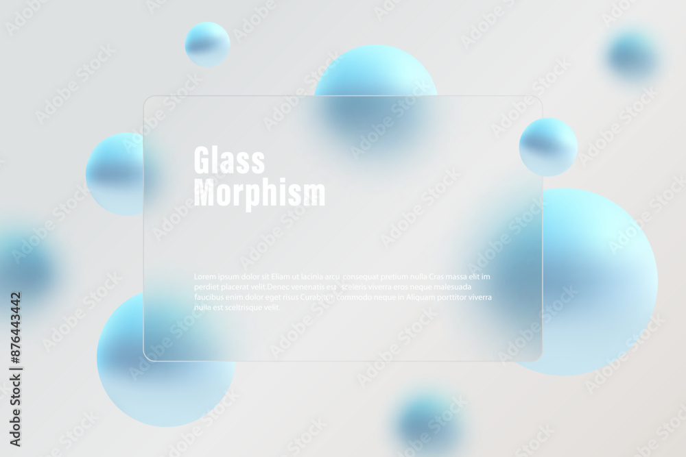 Poster website landing page template in glass morphism style. frosted glass partition with floating blue sp