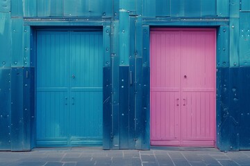 Two differently colored doors on a blue wall, symbolizing choice, contrast, gender difference