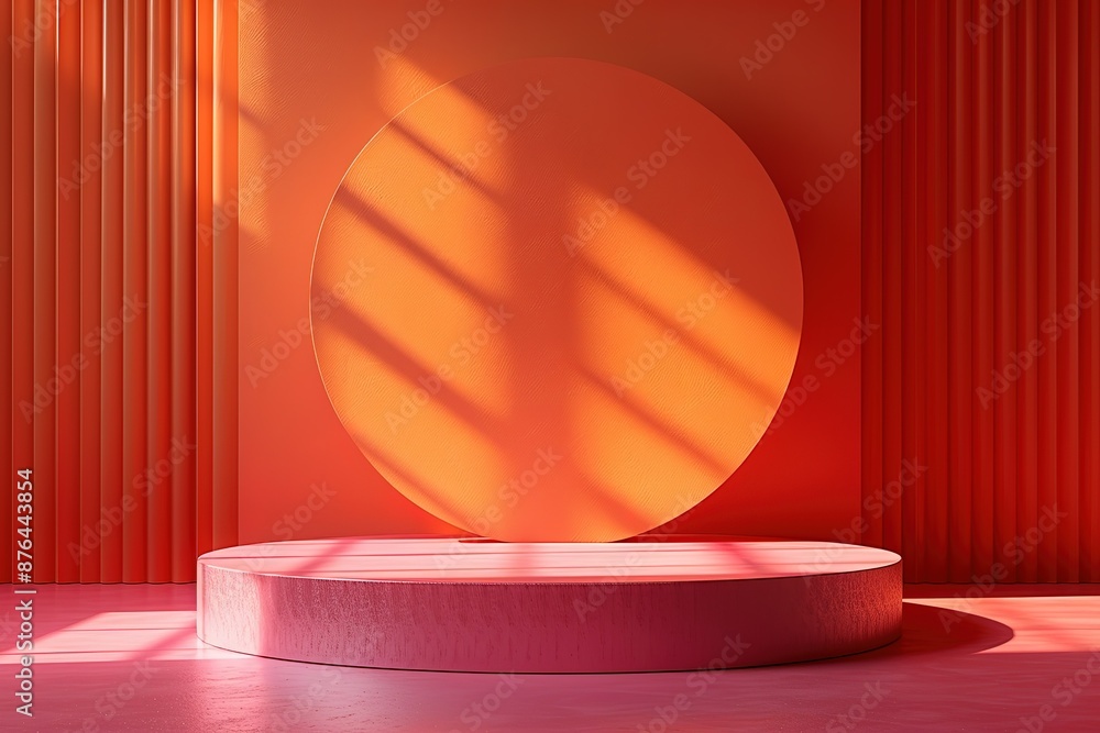 Poster a red and orange room with a large round object in the center