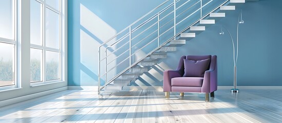 Elegant new apartment living room, silver stairs, light blue walls, purple armchair, minimal decor, large windows, sunlit space, spacious layout.