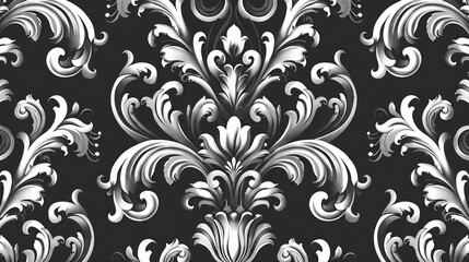 Fototapeta premium A vintage black-and-white damask pattern with floral motifs adds timeless, classic sophistication.