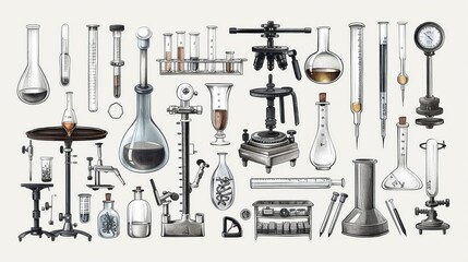 Obraz premium a collection of science lab equipment, educational tools, detailed illustration, metallic, isolated on white background