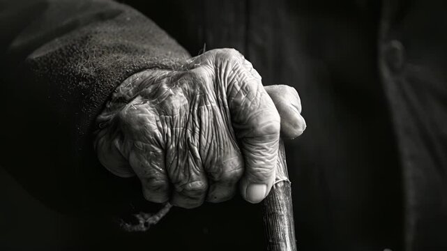A gentle hand rests on a cane guiding its owner through a lifetime of wisdom and lessons learned. Black and white art