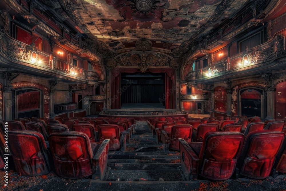 Poster a dimly lit theater with red seats and a stage, perfect for a dramatic performance or a quiet reflec