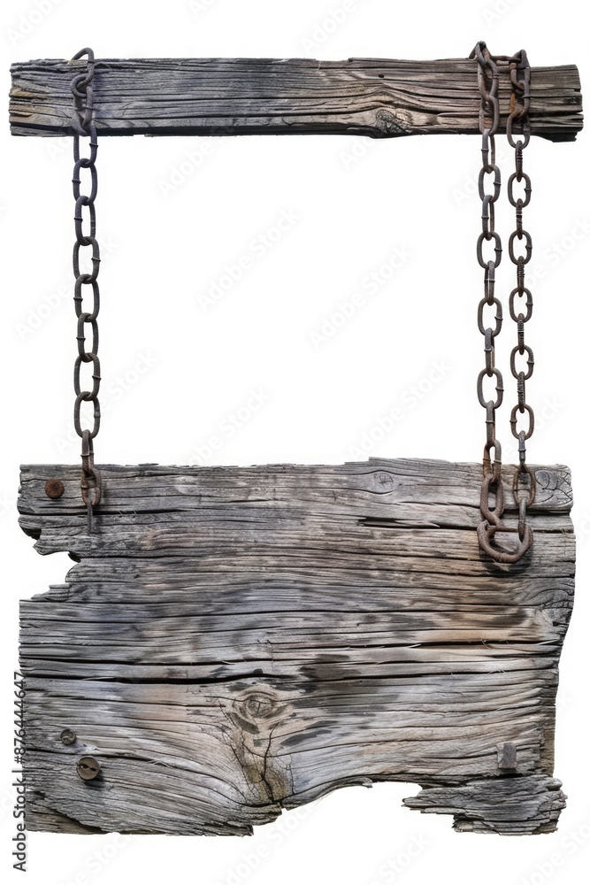 Poster A wooden sign with rusty chains hanging from it