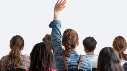 a student raising their hand, classroom participation, realistic rendering, isolated on white background
