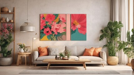 Living room in gray tones with retro furniture and decorations in bright colors