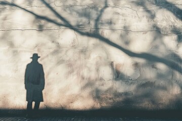 Silhouette of a man wearing a hat and coat against a textured wall with shadows of tree branches, concept of mystery, solitude, and shadows