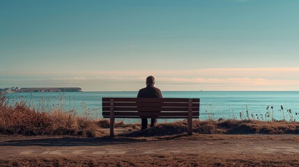 Individual sitting on a bench facing the ocean at sunset, concept of solitude, contemplation, and nature
