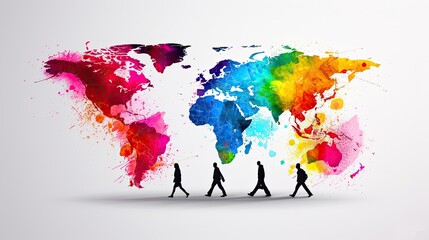 Silhouettes of people walking in front of a colorful world map illustration symbolizing diversity, global connection, and travel.