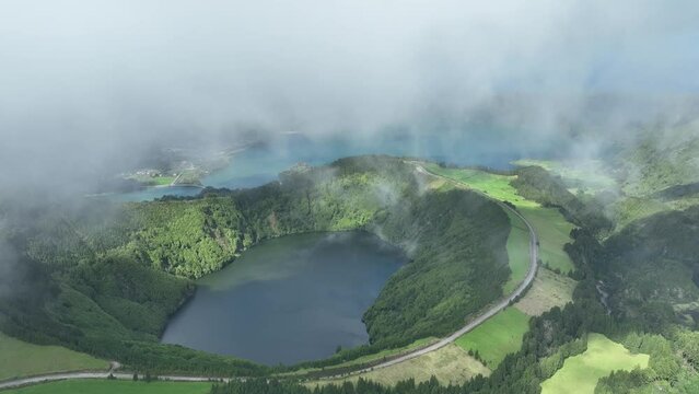 Sete Cidades dual lakes in Sao Miguel, showcasing the Azores volcanic landscapes and lush natural beauty
