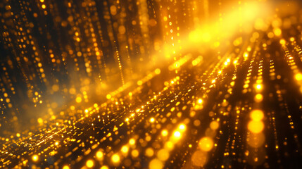 Naklejka premium Abstract digital gold bokeh with glowing particles in light pattern and shimmering data