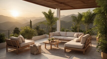 Luxury terrace in exotics, minimalist vintage style