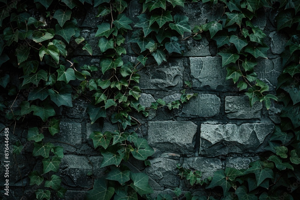 Poster a natural stone wall is completely covered in lush green leaves, creating a unique and visually appe