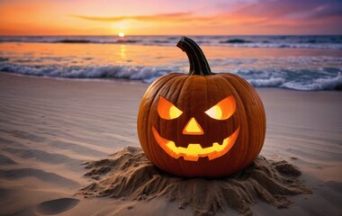 Halloween pumpkin on a sandy beach