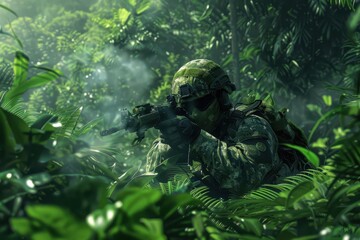 A camouflaged soldier with tactical gear aiming his rifle in the dense jungle