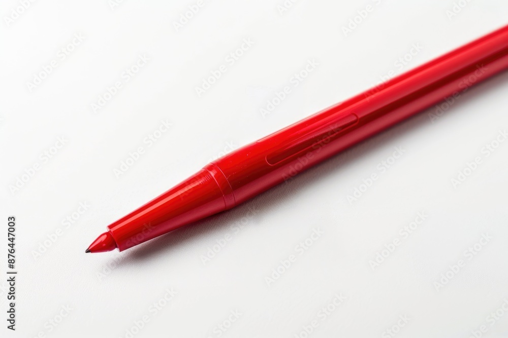 Poster a single red pen resting on a white surface, ready for use