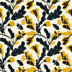Modern printed fabric wildflower blockprint pattern with linen fabric textures. Stylized hand drawn boho dark florals for decorative design elements in repeatable background tile.