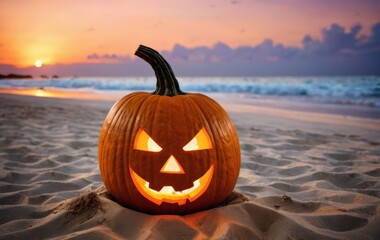 Halloween pumpkin on a sandy beach
