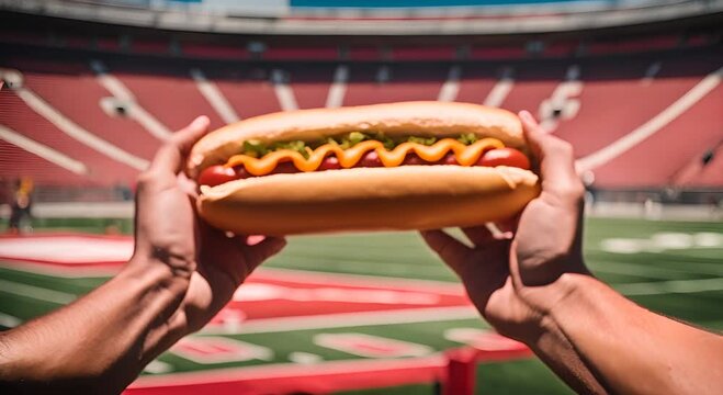 Eating hot dog in a stadium.