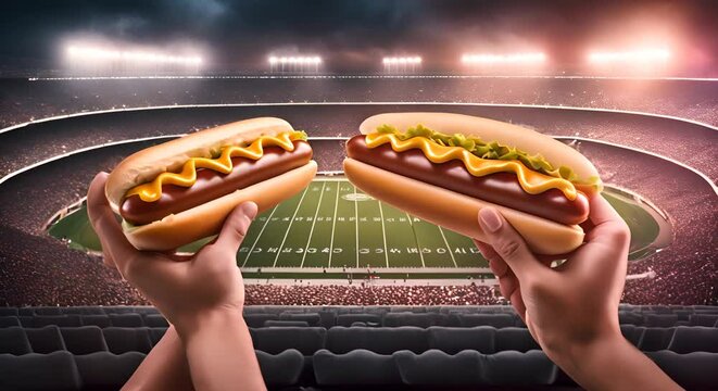 Eating hot dog in a stadium.