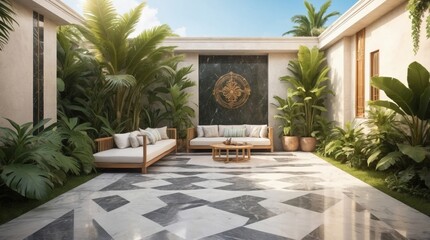 Luxury marble terrace around green exotic plants