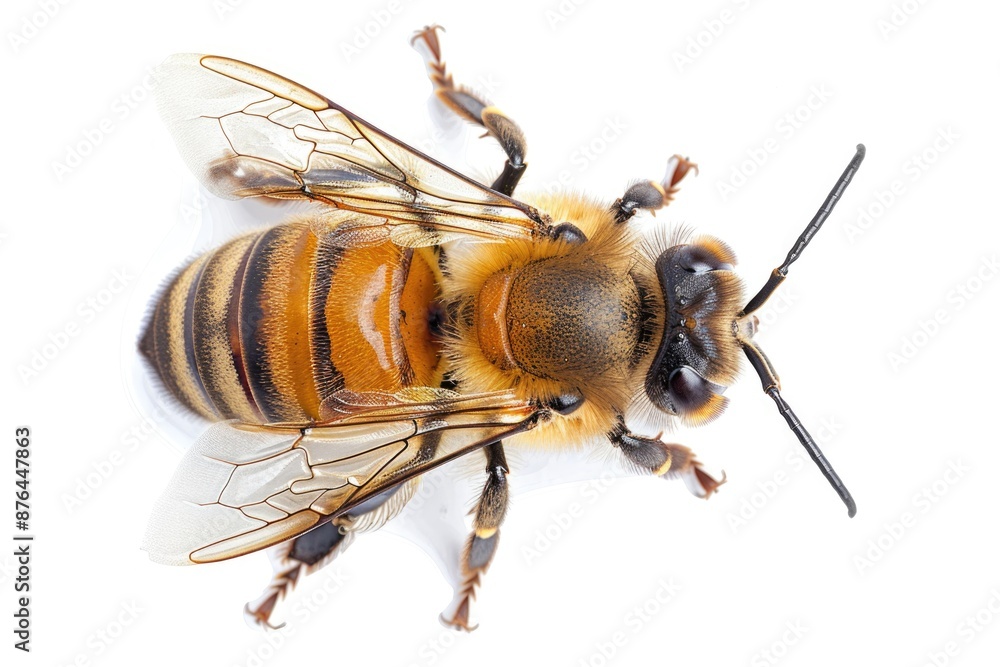 Poster a close-up view of a bee sitting on a white surface