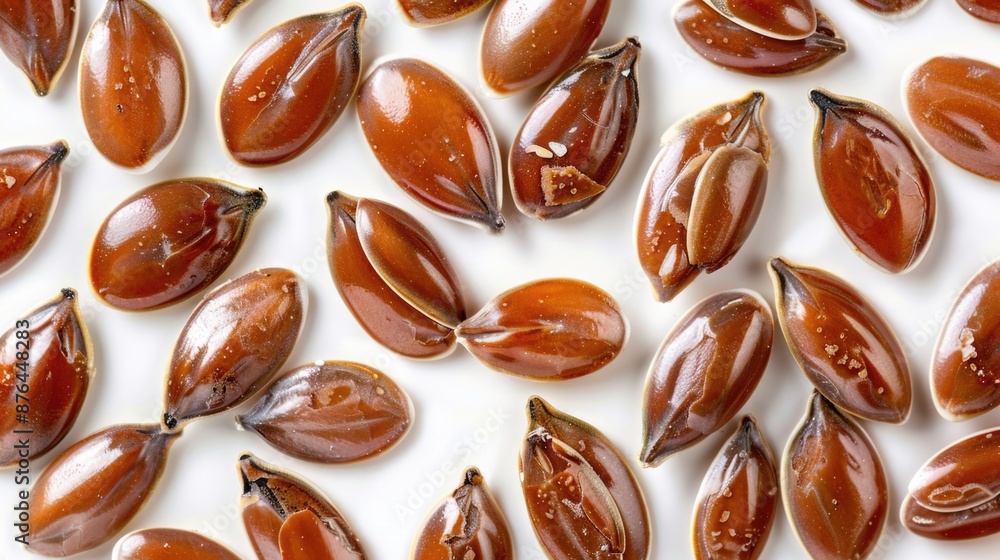Poster A close-up view of various nuts arranged on a white surface, ideal for use in food or nature-related contexts
