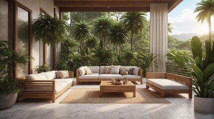 Fototapeta premium Luxury marble terrace around green exotic plants