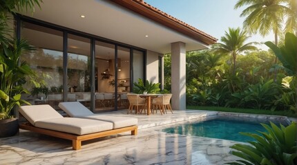 Fototapeta premium Luxury marble terrace around green exotic plants