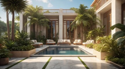 Fototapeta premium Luxury marble terrace around green exotic plants