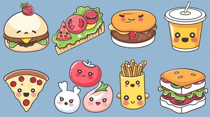 Kawaii-style food illustrations with joyful faces add charm, making meals more delightful and fun.